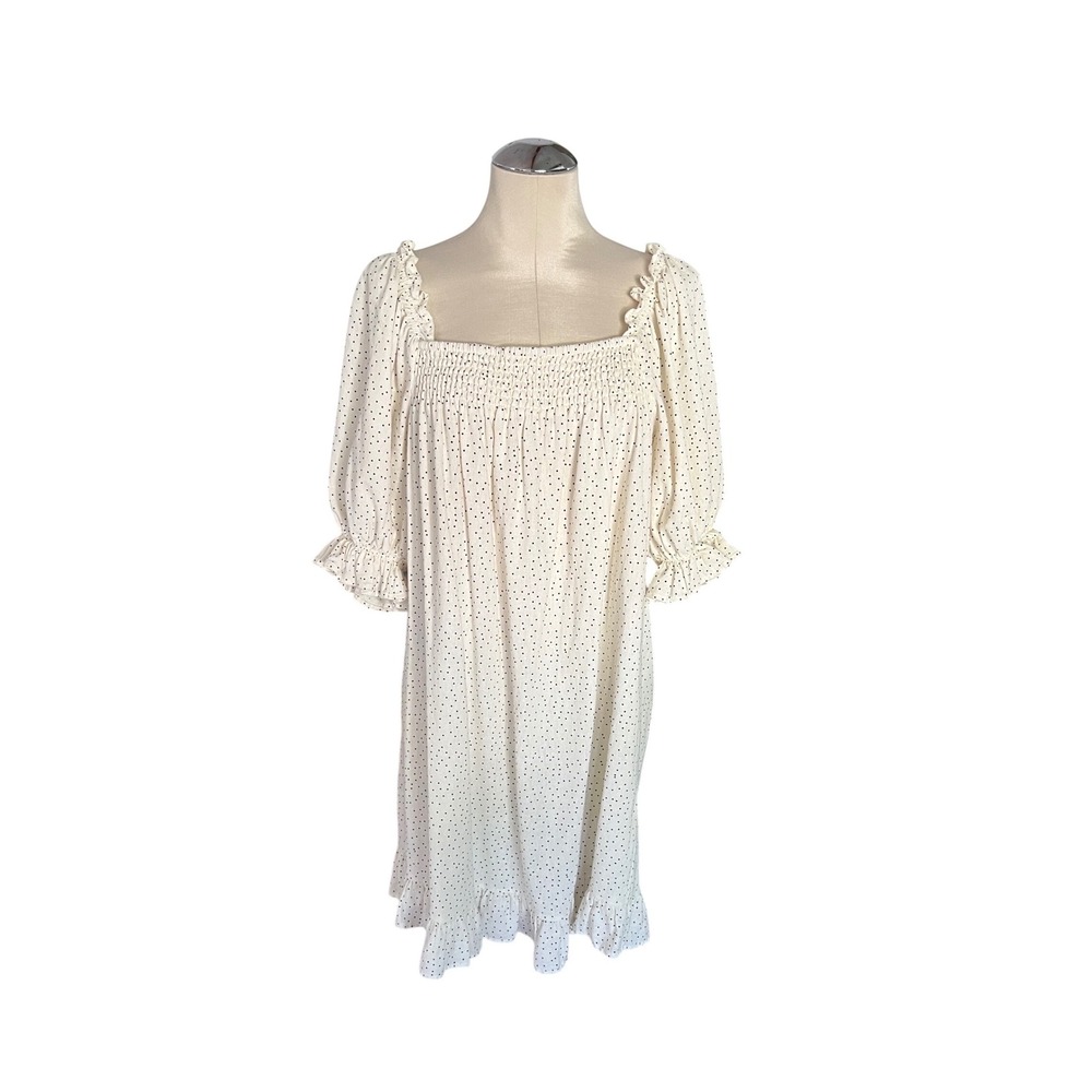 Eloquii Polka Dot Smocked Mini Dress Cream Black Puff Sleeve Size 14/16
